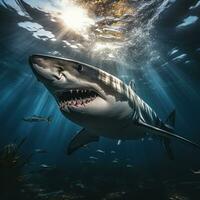 enojado tiburón en azul Oceano foto