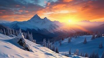 Winter mountains with rising sun photo