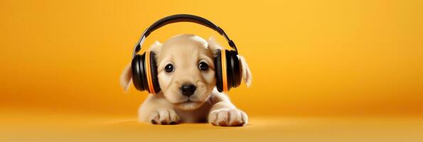 Cute golden retriever puppy with headphones listening to music on orange background. photo