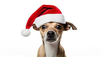 Studio portrait of a dog wearing a Santa Claus hat looking forward. Chihuahua dog with Christmas hat isolated on white background. photo