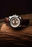Luxury mens watch commercial concept prototype, bespoke design on dark wood background, generative ai photo