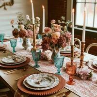romántico fiesta paisaje de mesa, formal cena mesa configuración, mesa bohordo con rosado país estilo decoración para Boda y evento celebracion, generativo ai foto