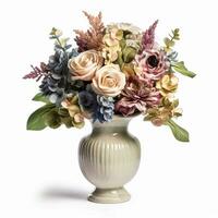 Beautiful bouquet of blooming flowers in a vintage vase isolated on white background, country style home decor and interior design, generative ai photo