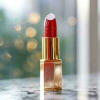 Luxurious red lipstick in golden tube on marble, beauty cosmetic and luxury make-up product, generative ai photo