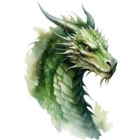 Green dragon watercolor illustration. Fantasy character isolated on white background. Template for cards, posters, stickers, sublimation. Modern art in watercolor style. photo