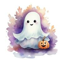 Cute halloween ghost watercolor. Cartoon character with pumpkin on purple watercolor stain background. Quirky template for cards, posters, stickers. Halloween illustration in watercolor style. photo