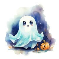 Cute halloween ghost watercolor. Cartoon character with pumpkin on blue watercolor stain background. Quirky template for cards, posters, stickers. Halloween illustration in watercolor style. photo