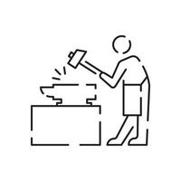 Blacksmith line icon. Crafting anvil with hammer line art vector icon for games and websites.