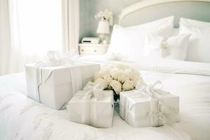 Wedding gifts and flowers in an elegant white bedroom, generative ai photo