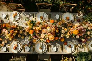 Top view of autumn table scape, autumnal dinner table setting, holiday tablescape for wedding, birthday or party event celebration, generative ai photo