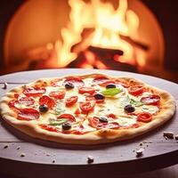 Pizza capricciosa homemade with fire in the oven, online delivery from pizzeria, take away and italian fast food, generative ai photo