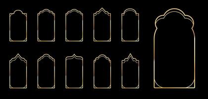 Set of elegant golden luxury picture frames, borders, architectural windows, decorative arcs. vector