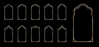 Set of elegant golden luxury picture frames, borders, architectural windows, decorative arcs. vector