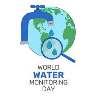 World Water Monitoring Day holiday design. Water tap and water drops under magnifying glass on globe background. Vector flat illustration for banner, poster, greeting card