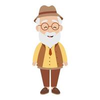 Cute grandfather in hat and glasses. Elderly man with mustache and beard in full length. Old man standing. Vector flat illustration isolated on white background