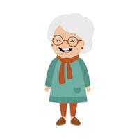 Cute grandmother in glasses and earrings. Elderly woman in dress and scarf in full length. Old woman standing. Vector flat illustration isolated on white background