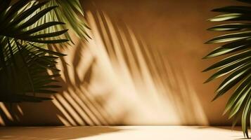 Tropical background for a product placement, palm tree leaves and sunlight shadows on the wall, minimalistic botanical backdrop, palms on a hot sunny day, generative ai photo
