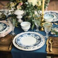 Formal holiday tablescape with blue decor, dinner table setting, table scape with elegant tableware and dinnerware for wedding party and event, generative ai photo