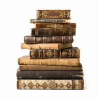 Stack of antique vintage old books isolated on white background, reading in old library and education, generative ai photo