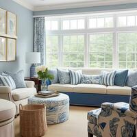 Interior design, living room decor and house improvement, furniture, sofa, home decor, white and blue textiles, country cottage lounge style, generative ai photo