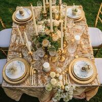 Holiday tablescape, golden formal dinner table setting, table scape with gold decoration for wedding party and event celebration, generative ai photo