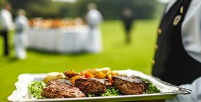 Steak served by a waiter at a luxury event outdoors, fine dining, post-processed, generative ai photo