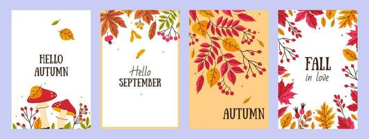 Set of autumn cards with mushrooms, leaves, berries. Vector graphics.