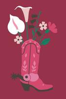 Card with flowers in a cowboy boot. Vector graphics.