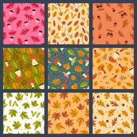 Set of seamless patterns with autumn mushrooms, leaves, berries. Vector graphics.