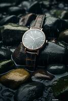 Waterproof luxury mens watch on the stone under the rain, commercial concept, bespoke water resistant design, generative ai photo