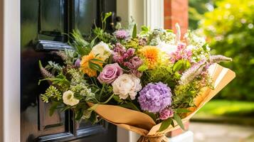 Flower shop delivery and holiday gift postal service, beautiful bouquet of flowers on a house doorstep in the countryside, generative ai photo