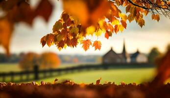 Abstract autumn scene and English country style house village on background, beautiful countryside nature with autumnal leaves and bokeh, generative ai photo