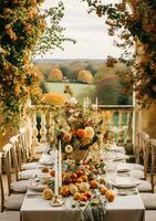 Autumn table scape, autumnal dinner table setting, holiday tablescape for wedding, birthday or party event celebration, generative ai photo