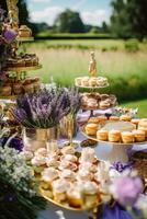 postre buffet mesa, comida abastecimiento para boda, fiesta fiesta celebracion, lavanda decoración, pasteles y postres en un país jardín, generativo ai foto