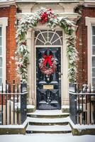 Christmas holiday, country cottage and snowing winter, wreath decoration on a door, Merry Christmas and Happy Holidays wishes, generative ai photo