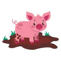 Cute pig is standing in a puddle of mud. Farm animals. Vector graphic.