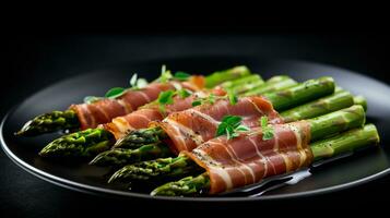 Photo of Asparagus Wrapped in Prosciutto as a dish in a high-end restaurant. Generative AI