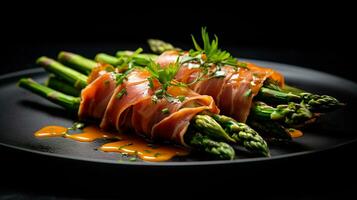 Photo of Asparagus Wrapped in Prosciutto as a dish in a high-end restaurant. Generative AI