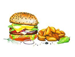 Hand drawn burger, rustic potatoes. Watercolor vector