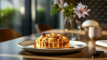 Photo of Apple Pie as a dish in a high-end restaurant. Generative AI