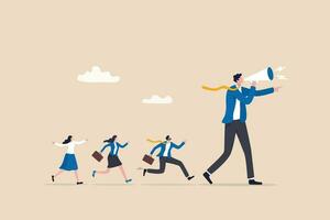 Leadership for team direction, success strategy, lead team to achieve goal, inspiration or motivate employee, manager or company mission concept, businessman leader megaphone pointing team direction. vector
