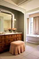 clásico baño decoración, interior diseño y hogar mejora, bañera y baño muebles, Inglés país casa y cabaña estilo, generativo ai foto