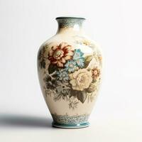 Antique vintage ceramic vase with floral print isolated on white background, country style home decor and interior design, generative ai photo