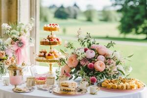 Boda buffet mesa, evento postre comida abastecimiento para boda, fiesta y fiesta celebracion, pasteles, dulces y postres en un país jardín, generativo ai foto