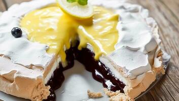Meringue cake pudding with lemon curd sauce and berries as food, bakery and holiday baking recipe, generative ai photo