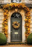 Autumn wreath decoration on a classic door entrance, welcoming autumn holiday season with autumnal decorations, generative ai photo