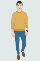 Boy Wearing Jeans and T-shirt, lofer shoes and watches vector