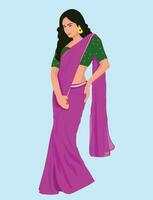 Indian women wearing purple sari and green blouse vector