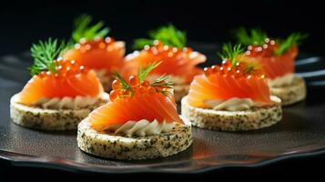 foto de ahumado salmón canapés como un plato en un gama alta restaurante. generativo ai