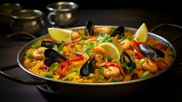 Photo of Seafood Paella as a dish in a high-end restaurant. Generative AI